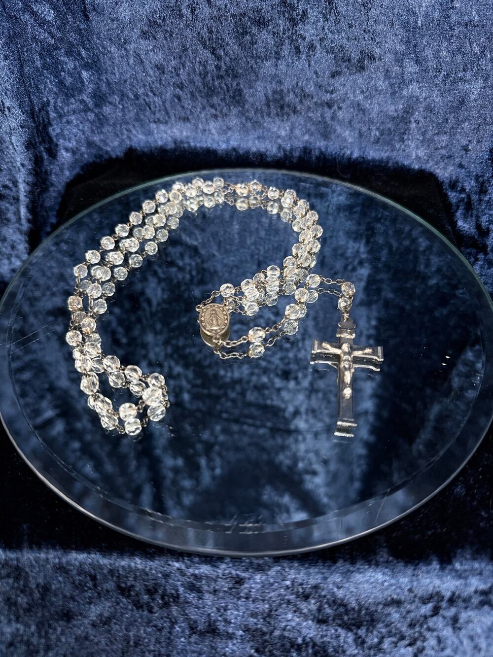 Vintage Religious Silver-Tone Rosary Necklace - Clear Faceted Beads and Crucifix